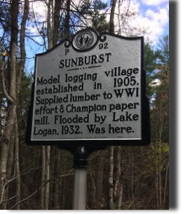SUNBURST:

Sunburst Village, a logging community that existed in the first quarter of the 20th century in Bethel was one of the largest logging operations in the region.  The state historic marker near Lake Logan commemorates the contributions of raw material from Sunburst to the World War I effort.